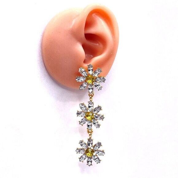 Yellow Gold with White and Yellow Crystal Daisy Flower Post Back Earrings - Picture 6 of 6